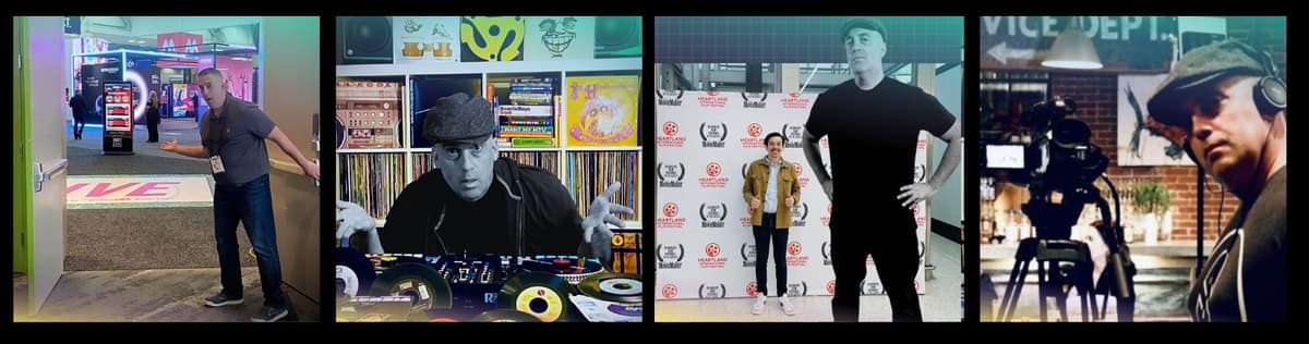Display Jay live at the trade show in Louisville, also a DJ and pop culture connoisseur, the king of all backdrops and a podcast and video content producer.