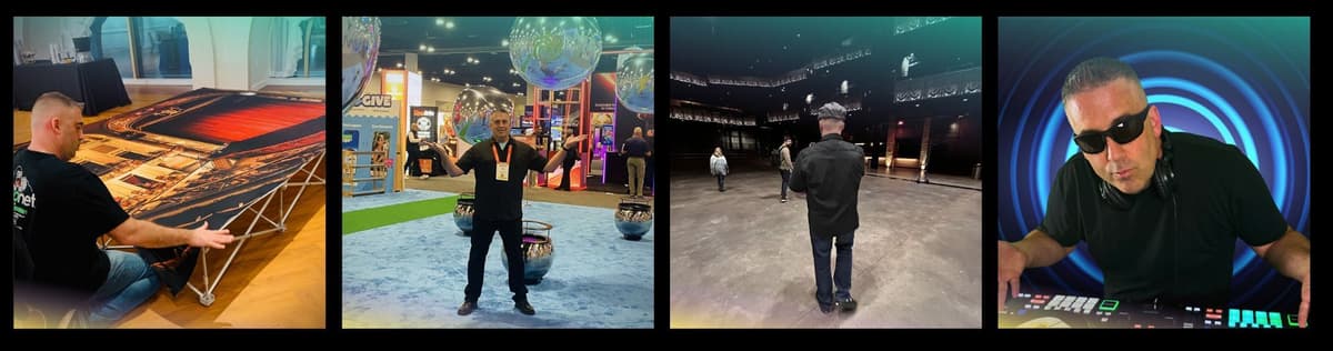 Display Jay setting up the Maryland Theatre's 10-foot ReadyPop backdrop fabric display. Jay and the helium balls, on the convention floor at Exhibitor Live, Tampa 2026. Display Jay plotting the 2026 PhRMA FORUM conference at The Anthem in Washington D.C. DJ Display Jay.