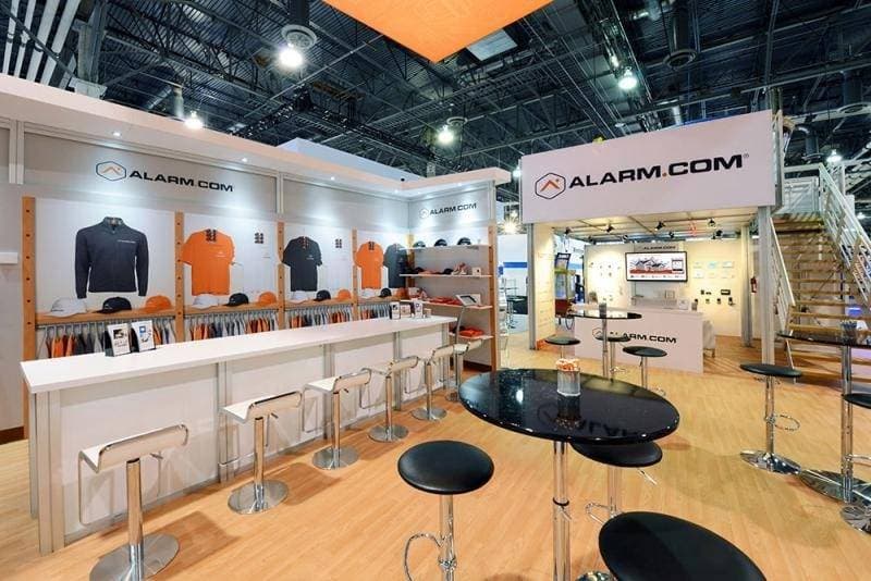 Alarm 30x30 custom trade show exhibit booth with double-deck second floor in Chicago, Illinois