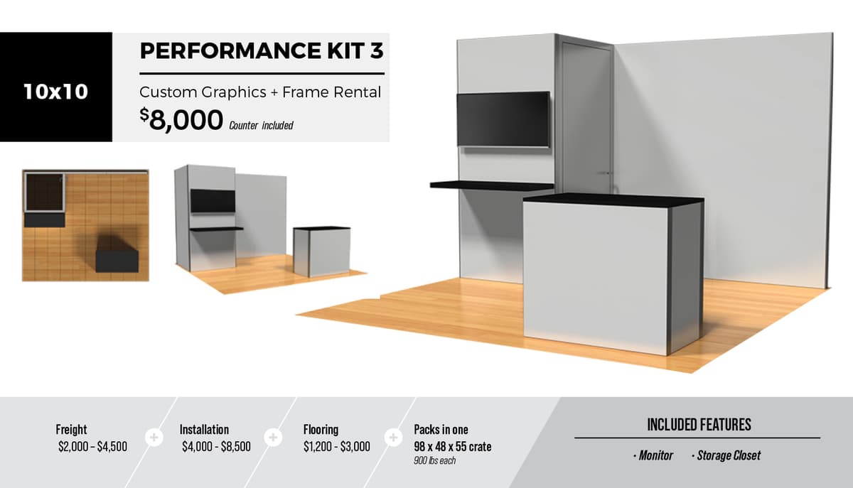 10x10 Performance Kit 3 Custom Exhibit Display Rental Package with shelf, monitor, storage room, custom graphics and welcome counter