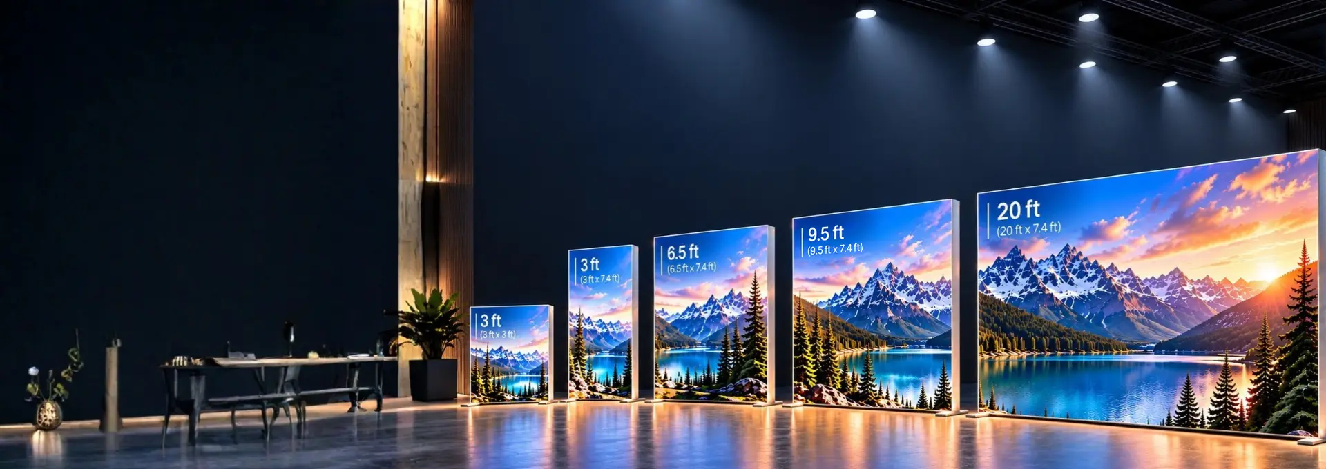 Five backlit SEGO lightbox displays in ascending sizes from 3ft to 20ft, lit up in a dark showroom